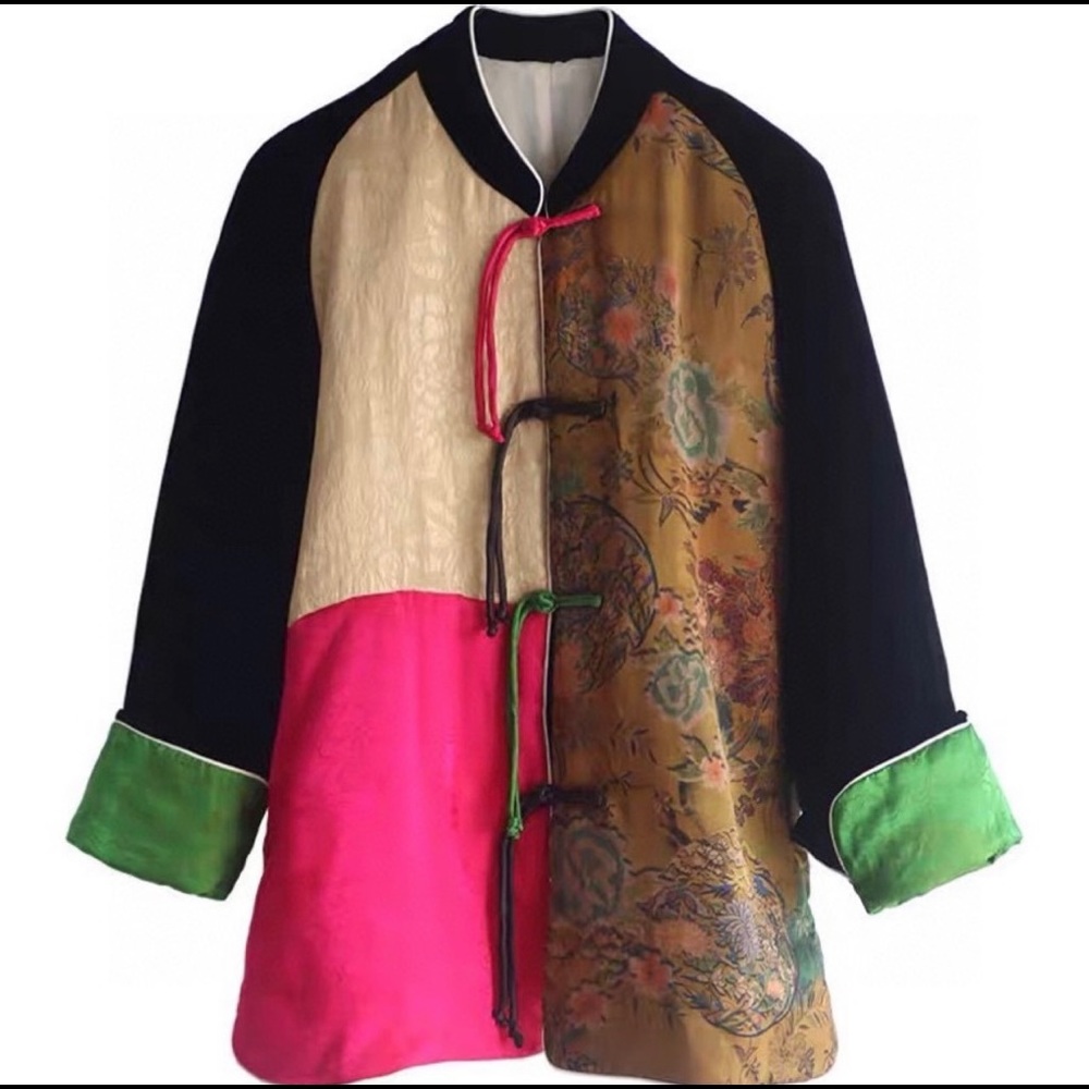 New Vintage Ethnic Chinese Style Satin Velvet Padded Contrast Disc Button Jacket